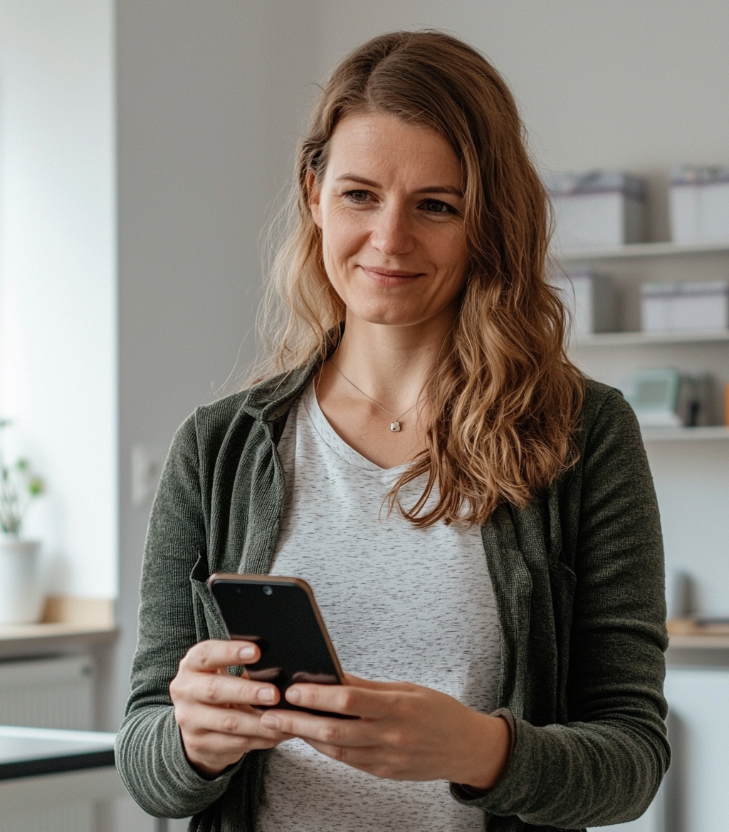 Ergotherapeutin mit Smartphone in der Praxis