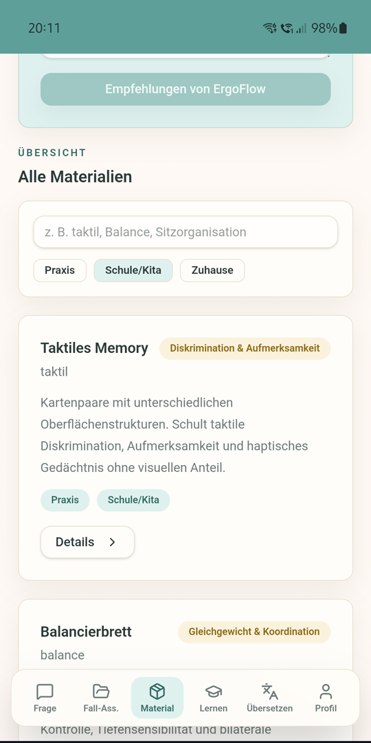 ErgoFlow Materialempfehlungen